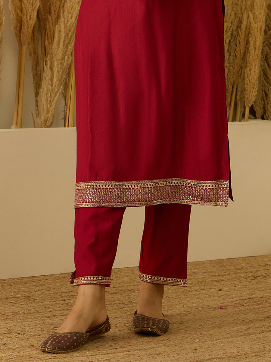 Red Viscose Rayon Embroidery Wedding Party Festival Casual Ready Pant Salwar Kameez