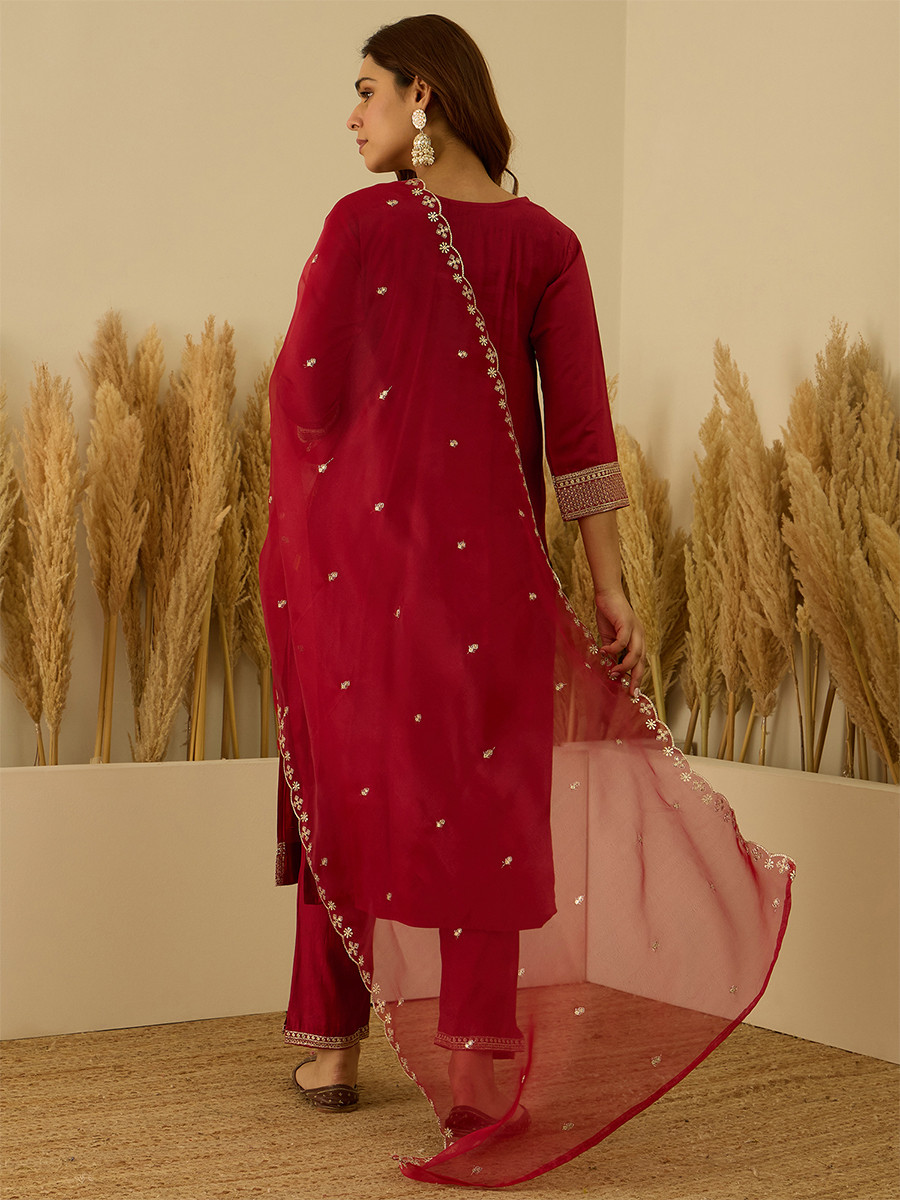 Red Viscose Rayon Embroidery Wedding Party Festival Casual Ready Pant Salwar Kameez