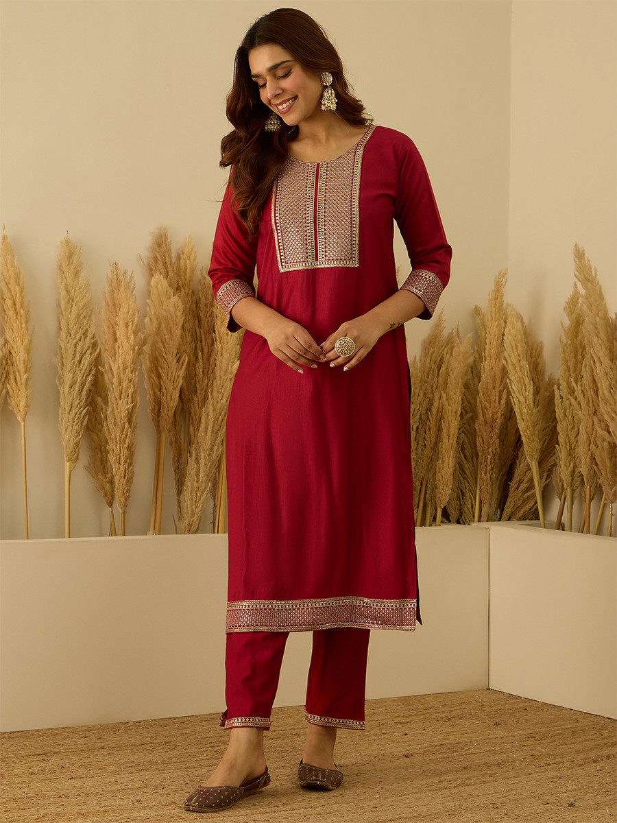 Red Viscose Rayon Embroidery Wedding Party Festival Casual Ready Pant Salwar Kameez