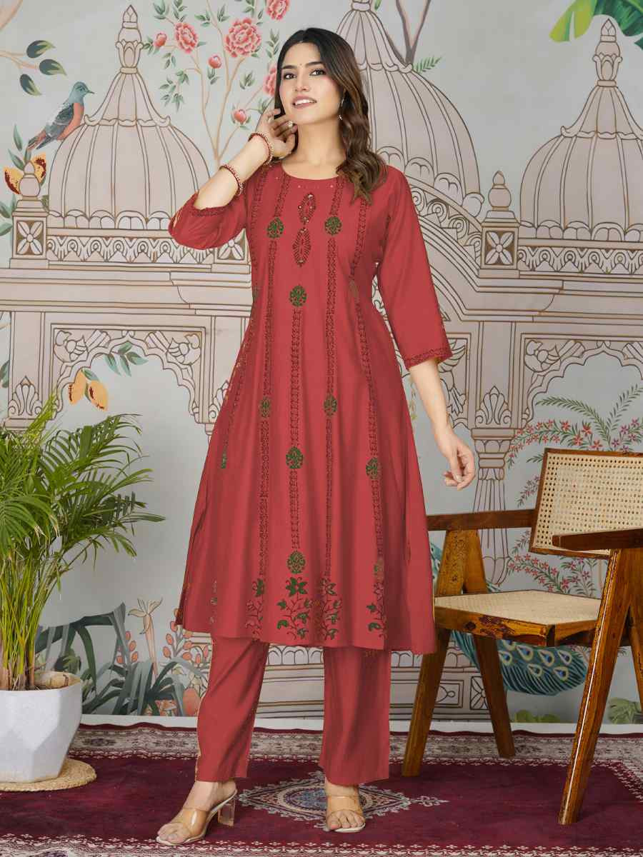 Red Viscose Roman Silk Printed Festival Casual Kurti
