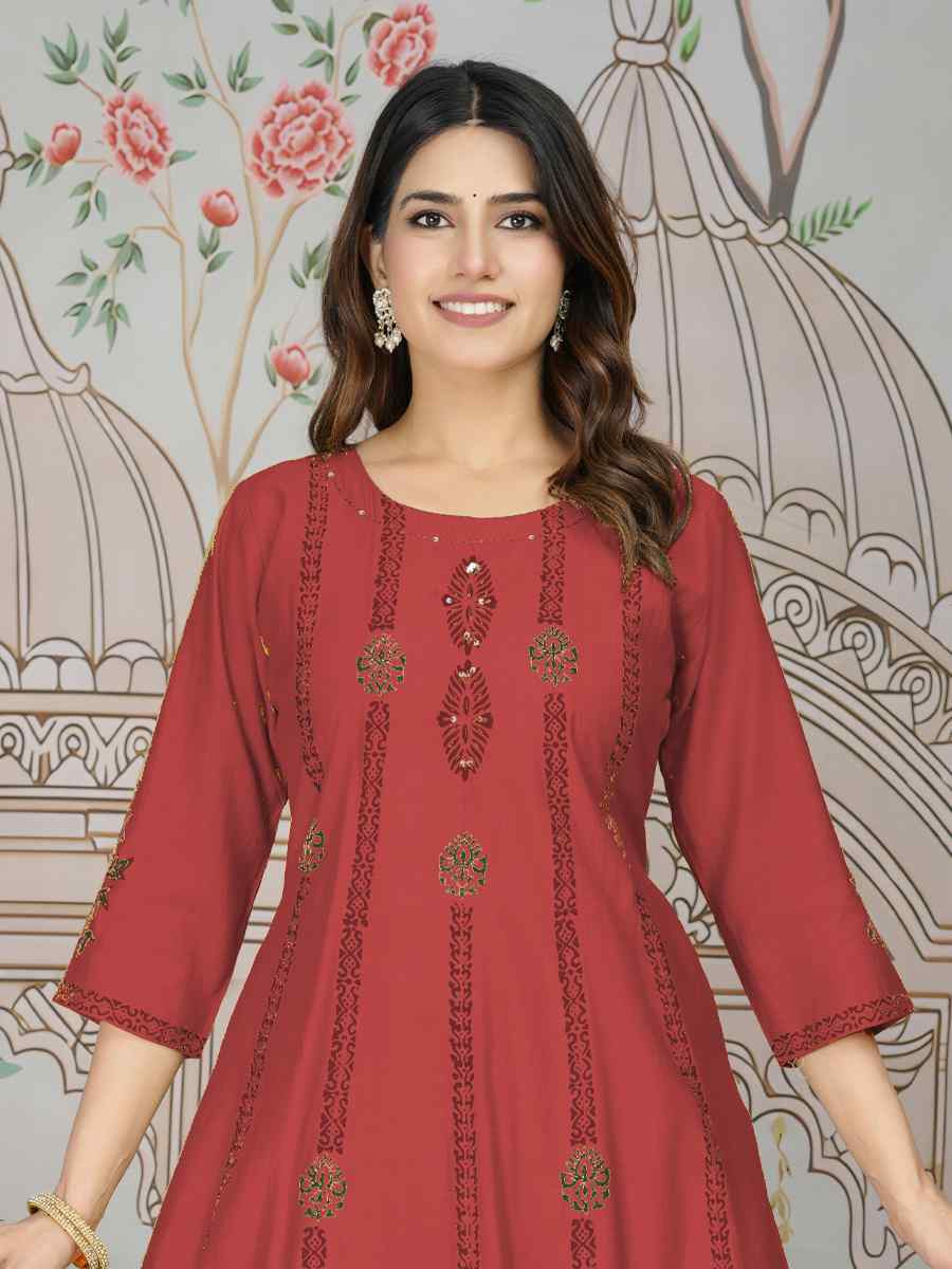 Red Viscose Roman Silk Printed Festival Casual Kurti