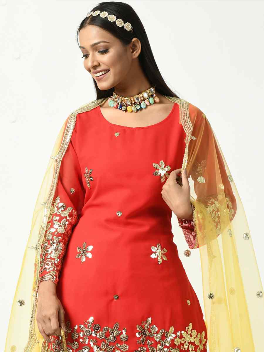 Red Viscose Velvet Embroidered Festival Mehendi Ready Patiala Salwar Kameez