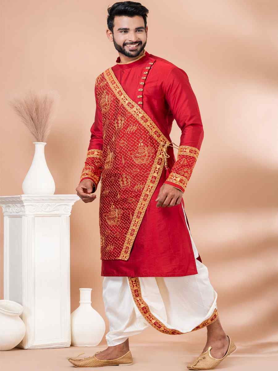 Red Viscose Woven Festival Casual Kurta