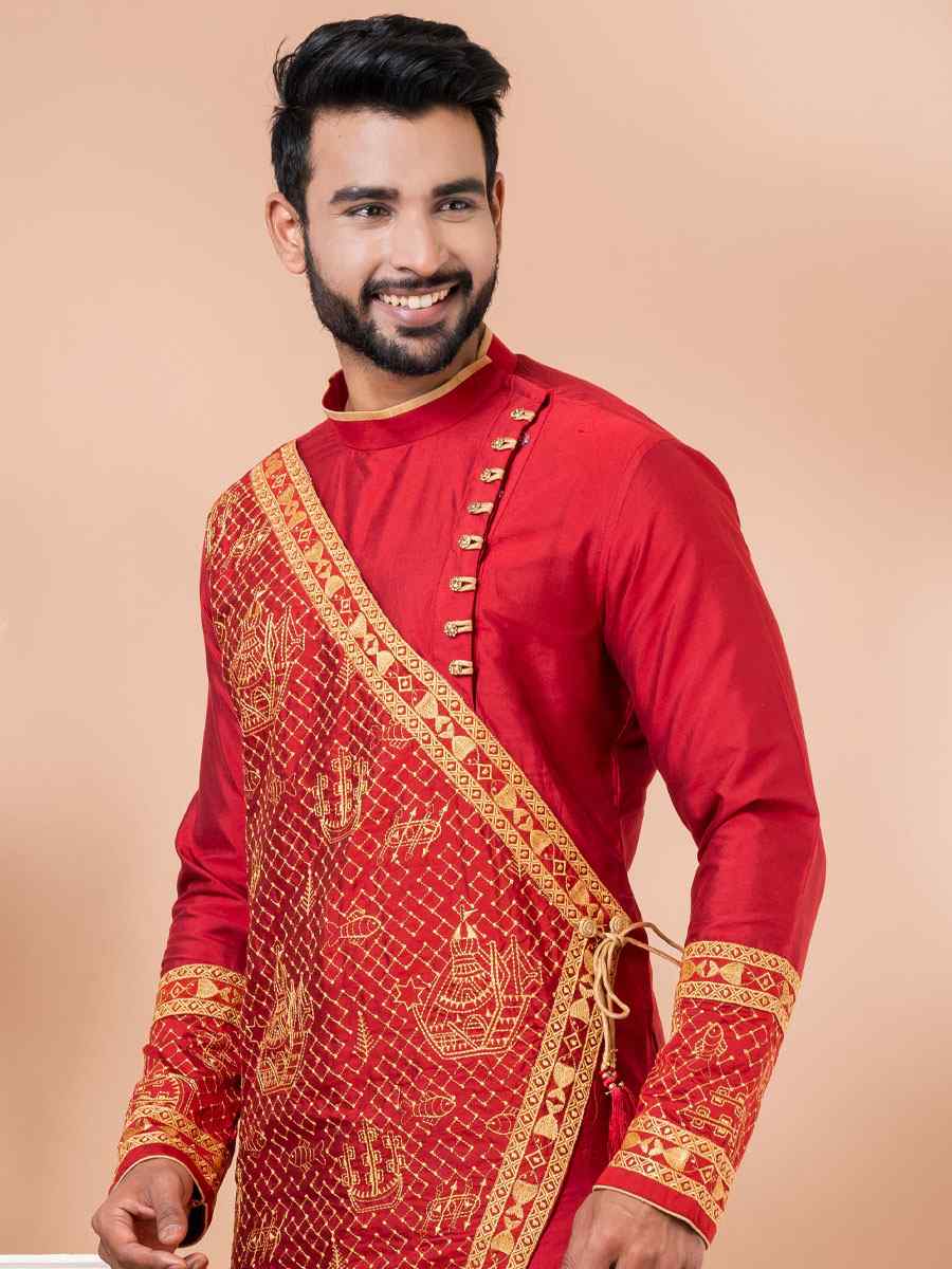 Red Viscose Woven Festival Casual Kurta