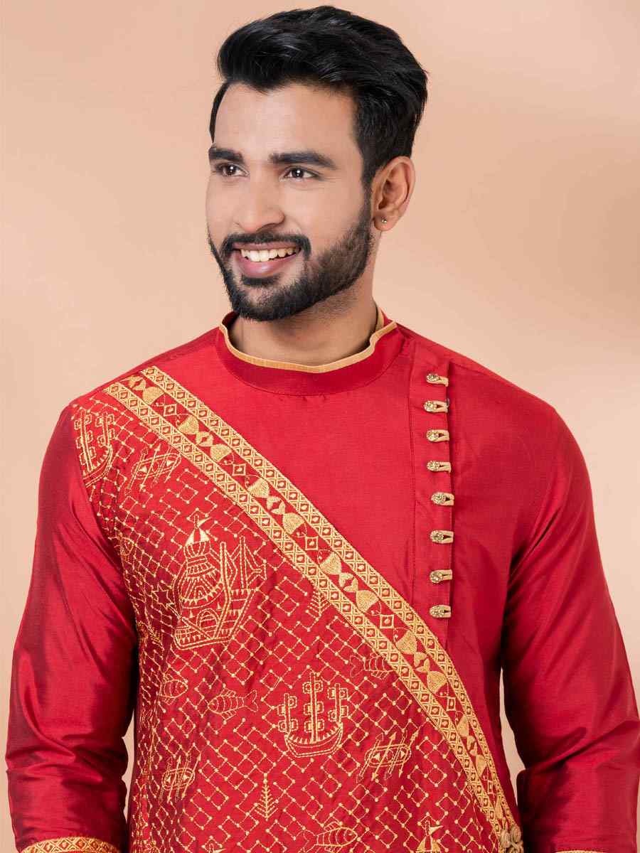 Red Viscose Woven Festival Casual Kurta