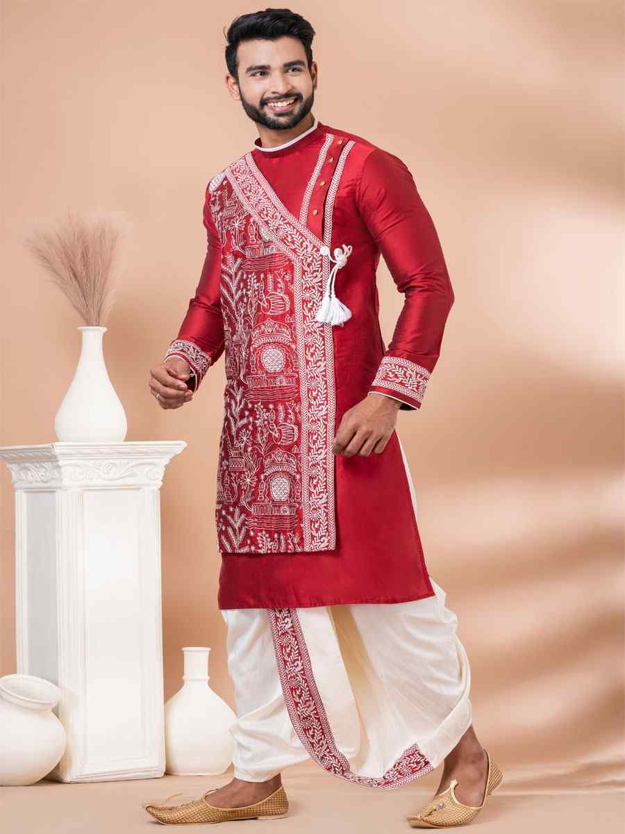 Red Viscose Woven Festival Casual Kurta
