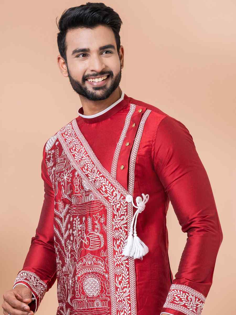 Red Viscose Woven Festival Casual Kurta