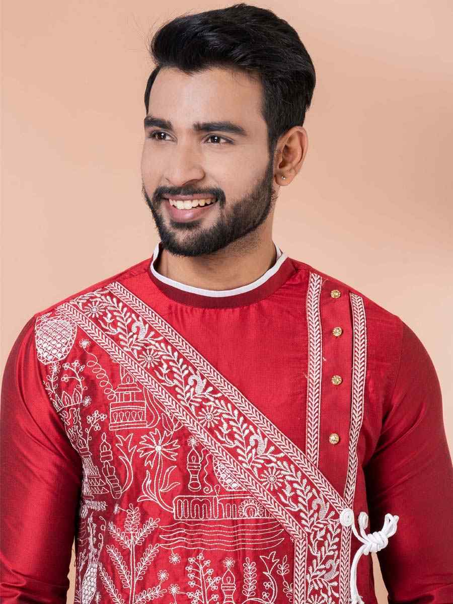 Red Viscose Woven Festival Casual Kurta