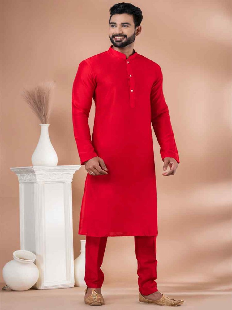 Red Viscose Woven Festival Wedding Kurta