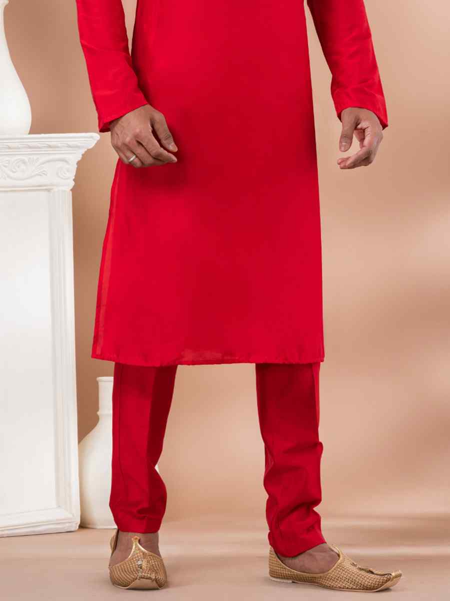 Red Viscose Woven Festival Wedding Kurta