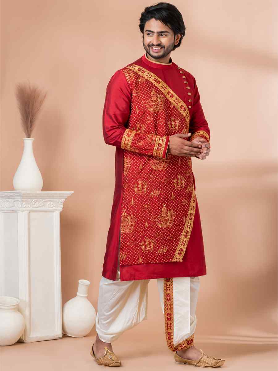 Red Viscose Woven Festival Wedding Kurta