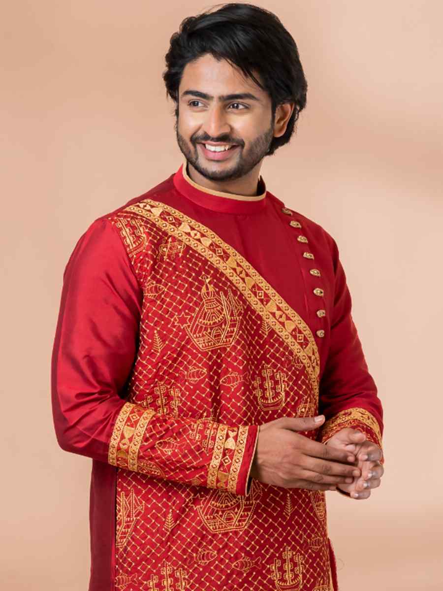 Red Viscose Woven Festival Wedding Kurta