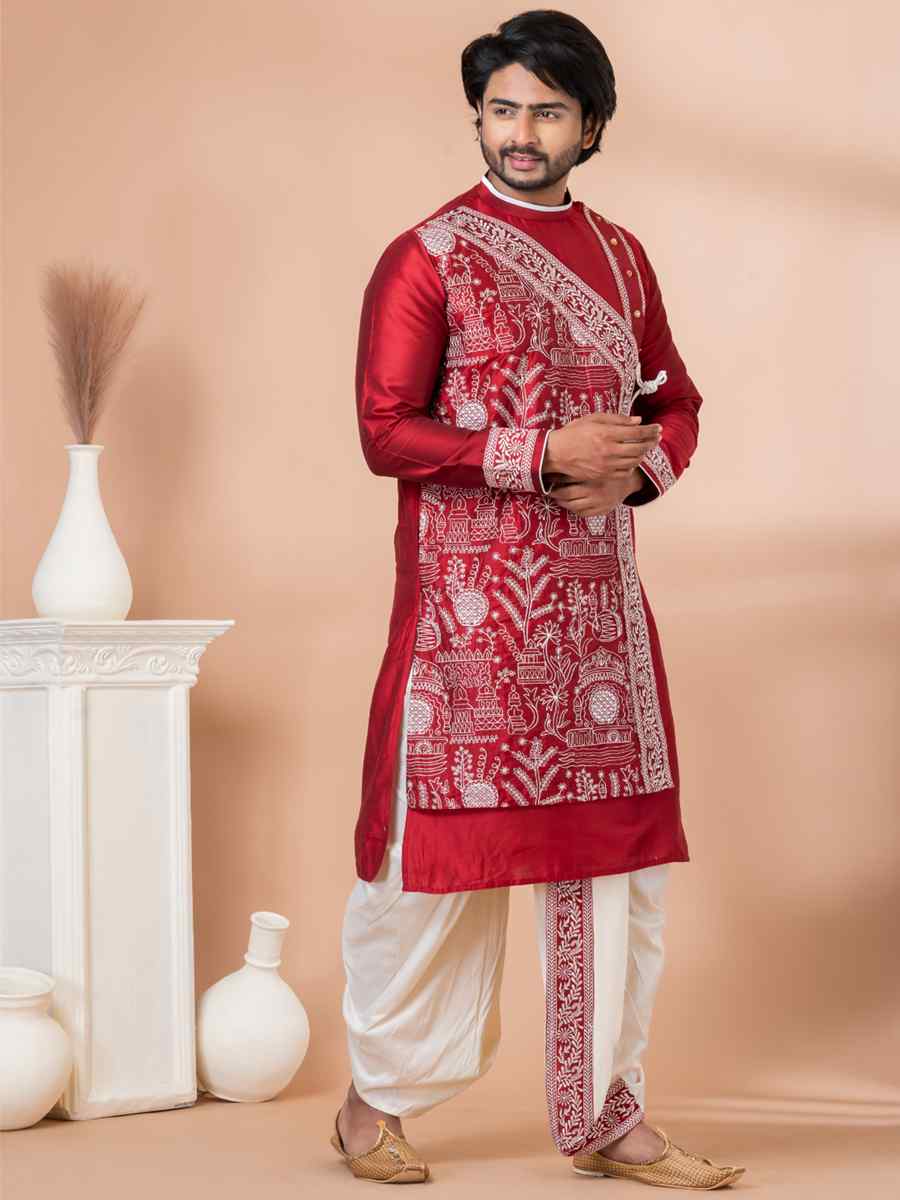 Red Viscose Woven Festival Wedding Kurta