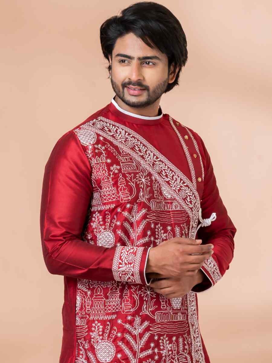 Red Viscose Woven Festival Wedding Kurta