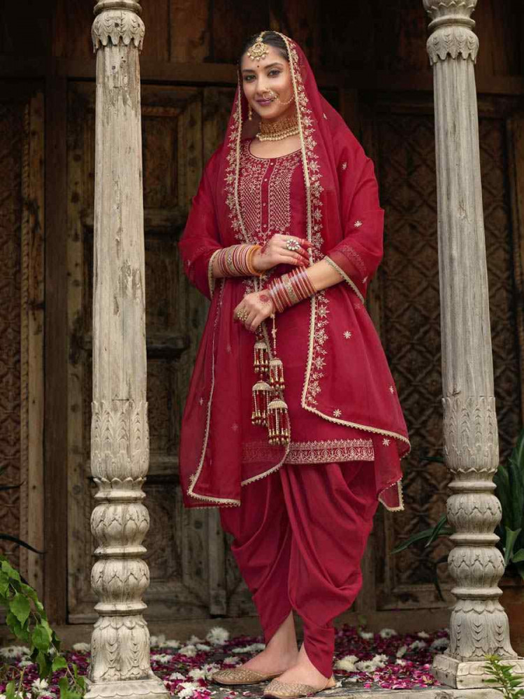 Red Viscouse Self Jacquard Embroidered Festival Mehendi Ready Doti Pant Salwar Kameez