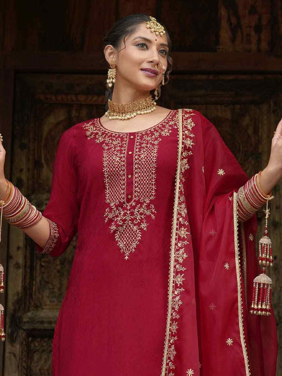 Red Viscouse Self Jacquard Embroidered Festival Mehendi Ready Doti Pant Salwar Kameez