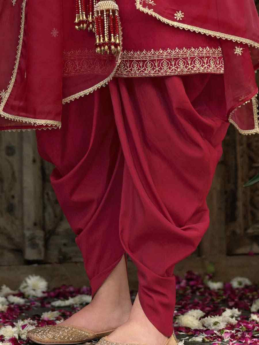 Red Viscouse Self Jacquard Embroidered Festival Mehendi Ready Doti Pant Salwar Kameez
