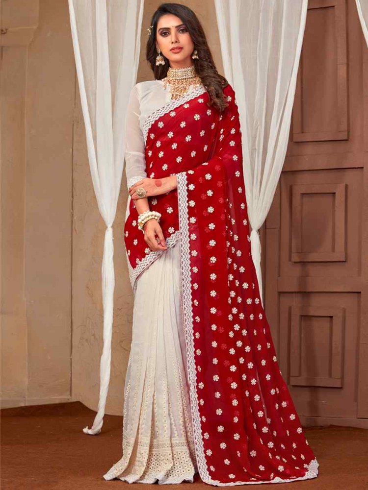 Red White Georgette Embroidered Party Festival Classic Style Saree