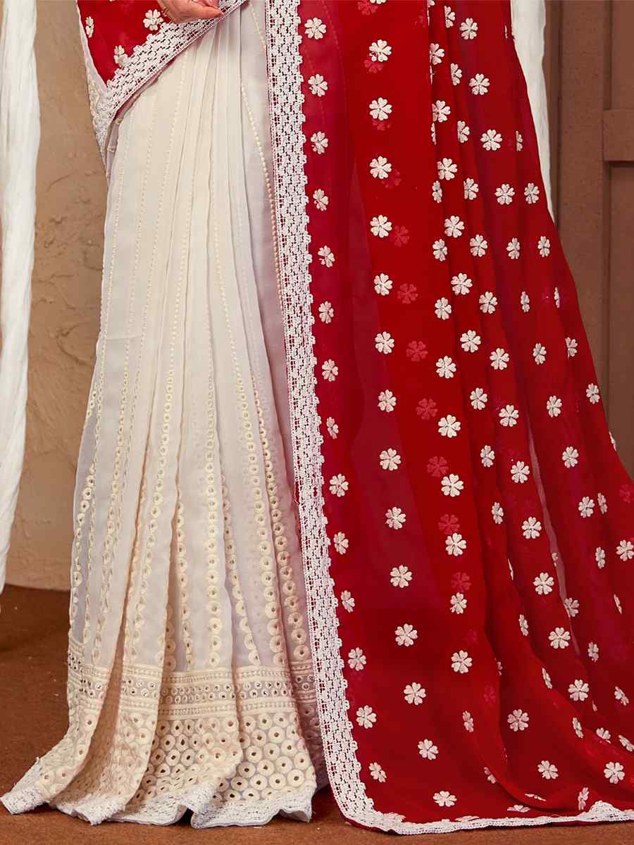Red White Georgette Embroidered Party Festival Classic Style Saree
