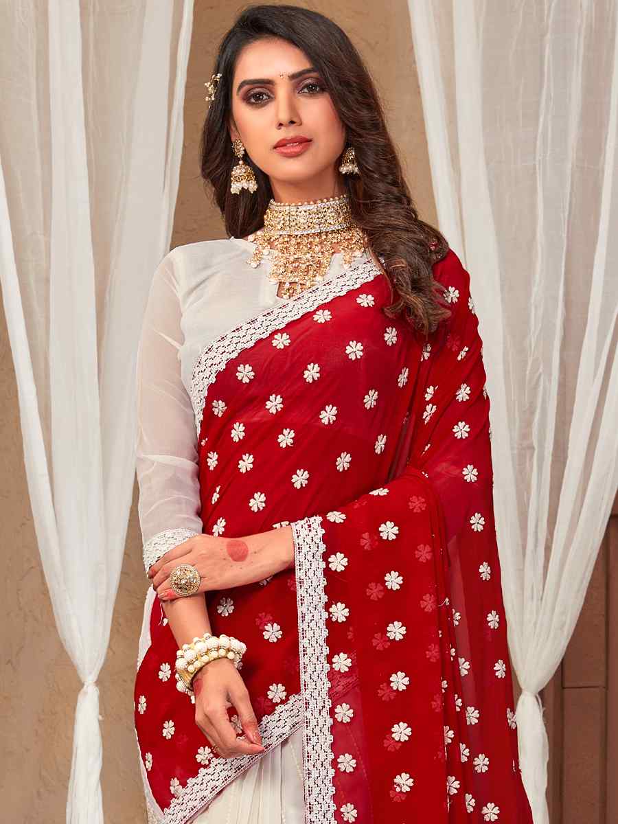 Red White Georgette Embroidered Party Festival Classic Style Saree