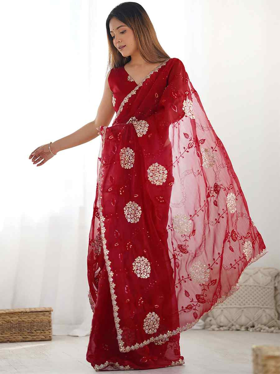 Red Zimmy choo chiffon Handwoven Embroidered Festival Wedding Heavy Border Saree