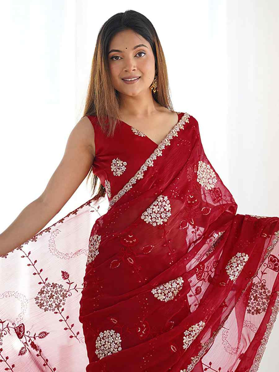 Red Zimmy choo chiffon Handwoven Embroidered Festival Wedding Heavy Border Saree
