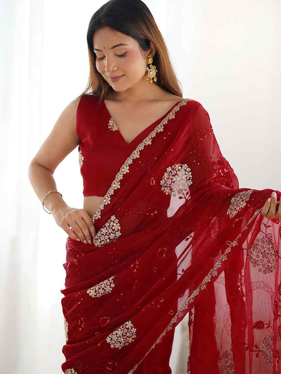 Red Zimmy choo chiffon Handwoven Embroidered Festival Wedding Heavy Border Saree