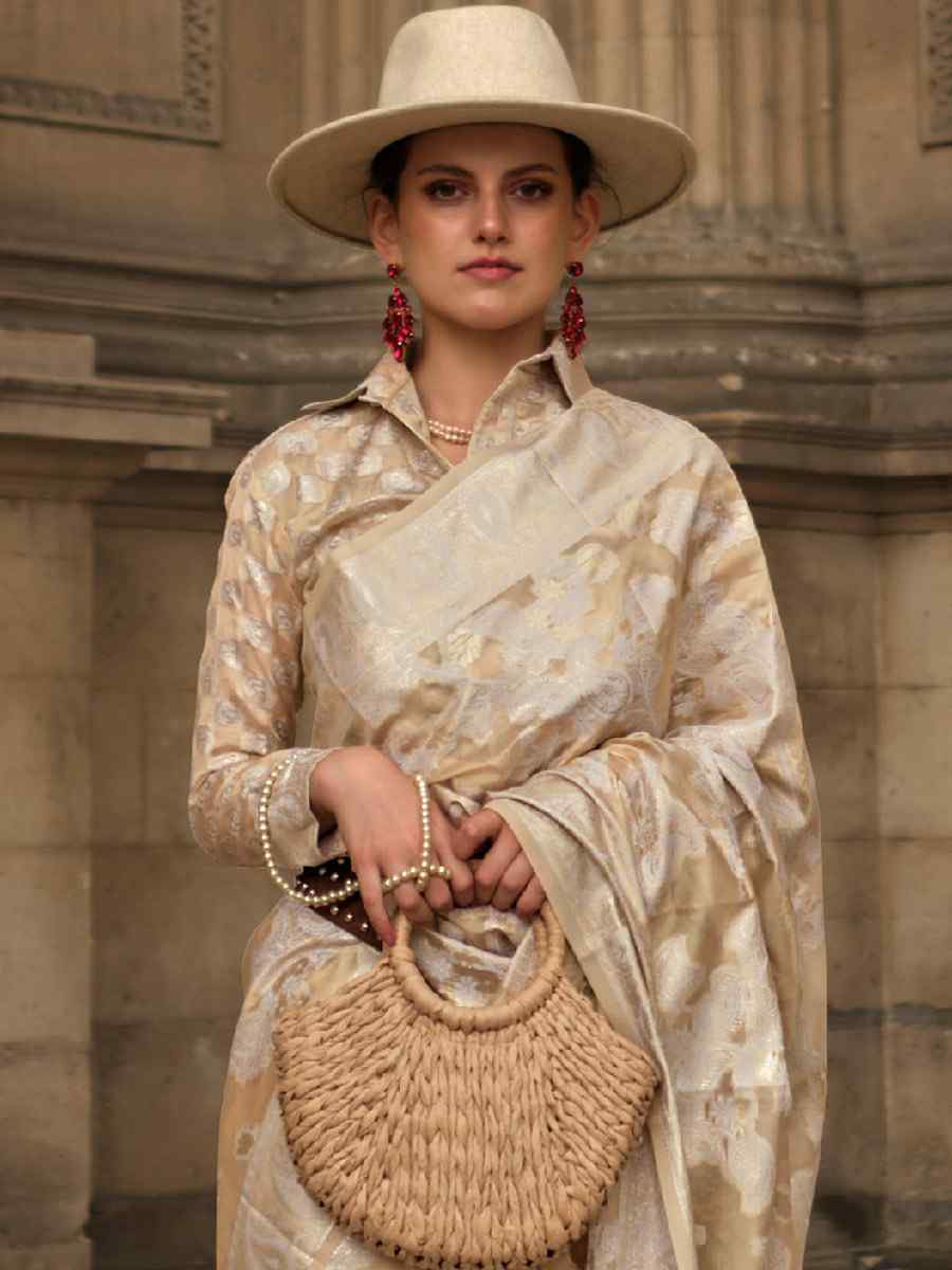 Reef Cream Lucknowi Organza Handwoven Wedding Festival Heavy Border Saree