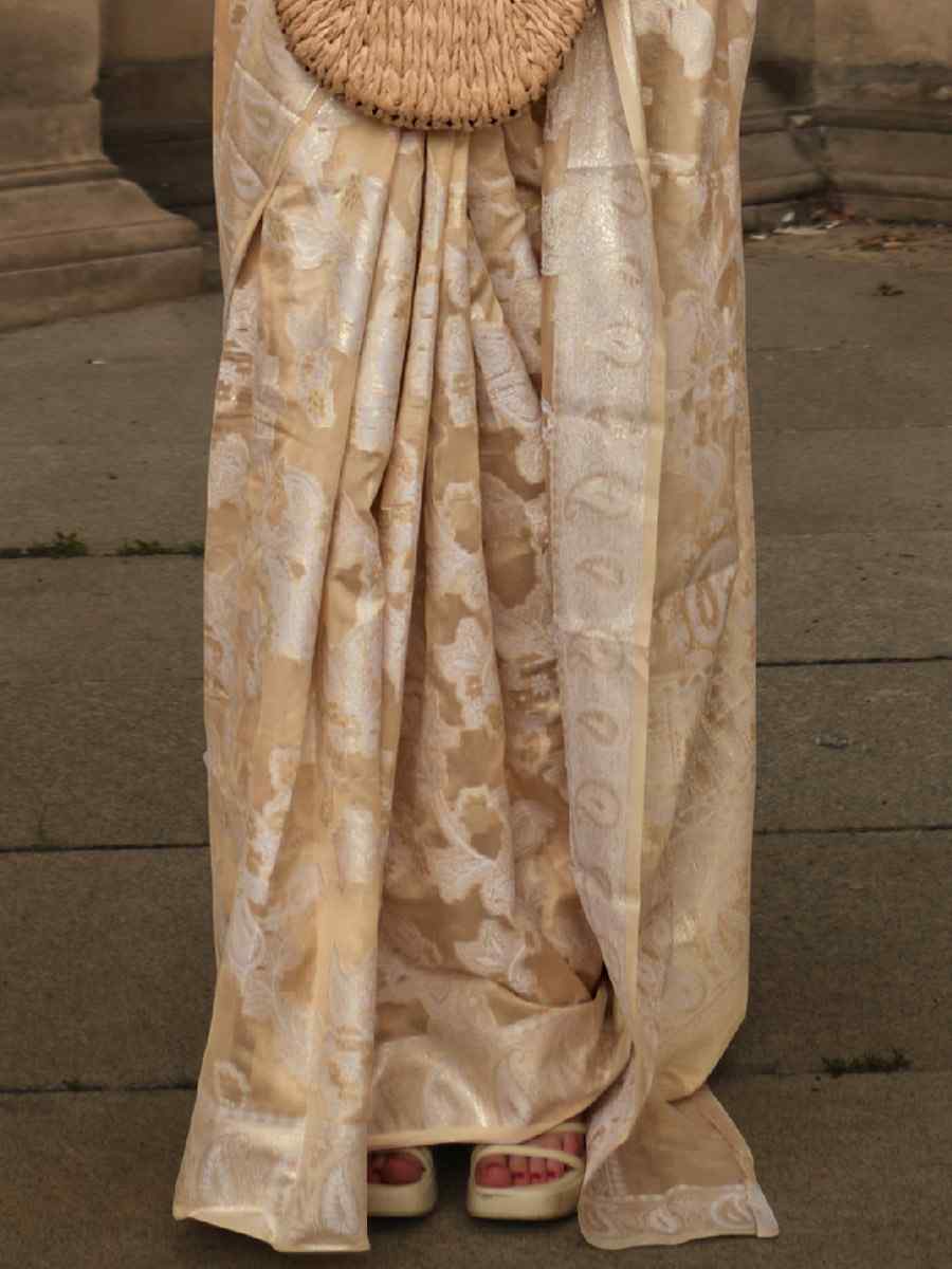 Reef Cream Lucknowi Organza Handwoven Wedding Festival Heavy Border Saree