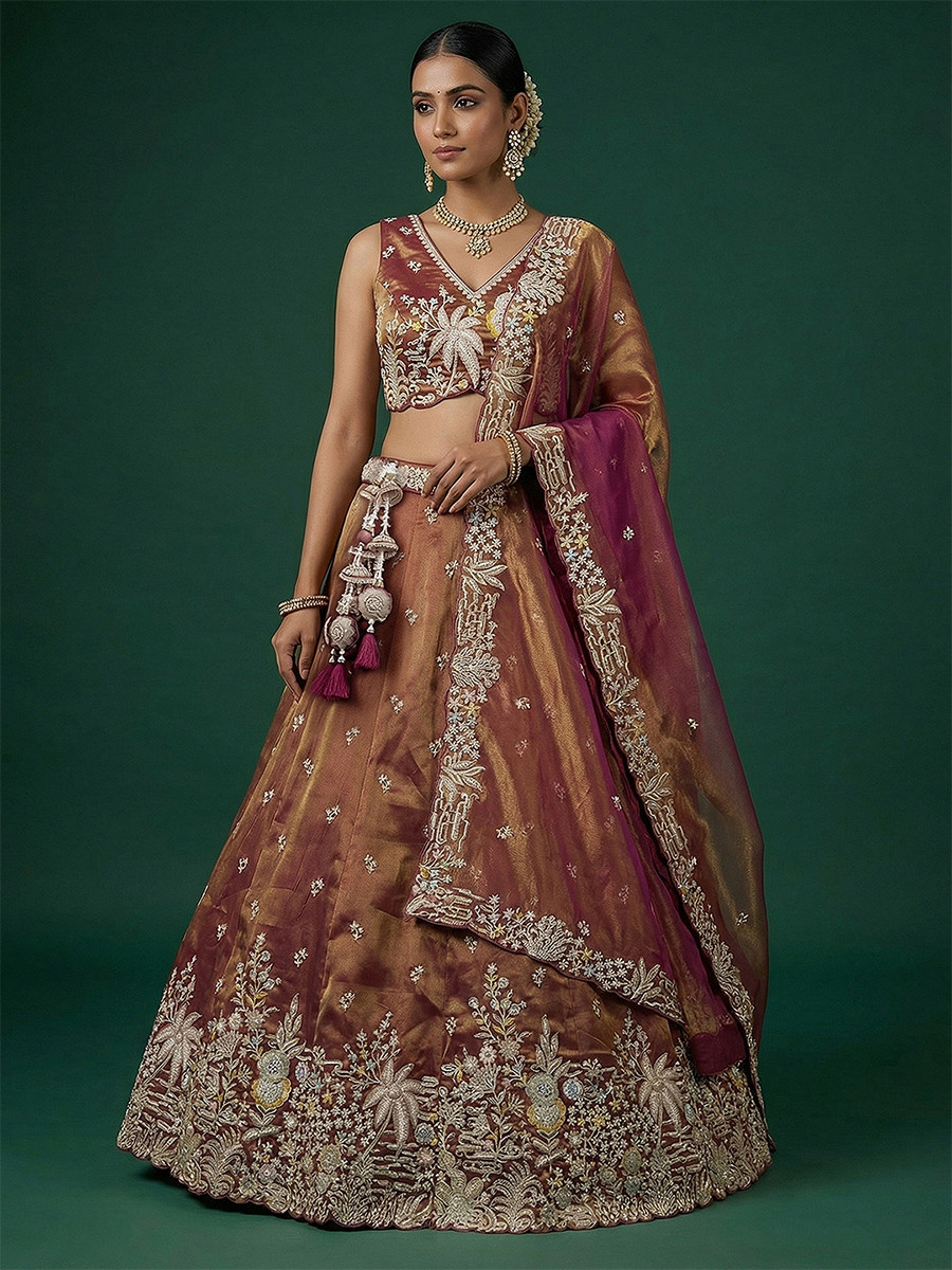 Reust Tissue Embroidery Wedding Reception Party Festival Heavy Border Lehenga Choli