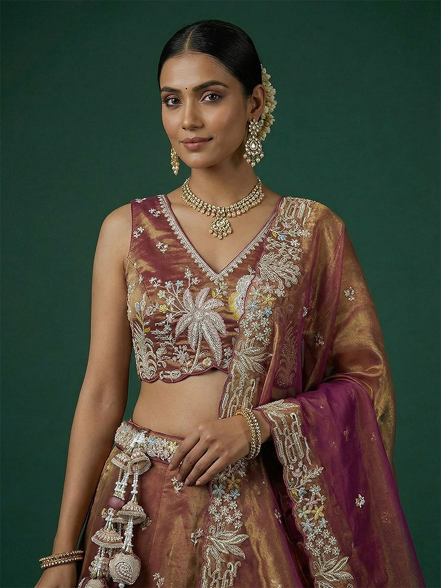 Reust Tissue Embroidery Wedding Reception Party Festival Heavy Border Lehenga Choli