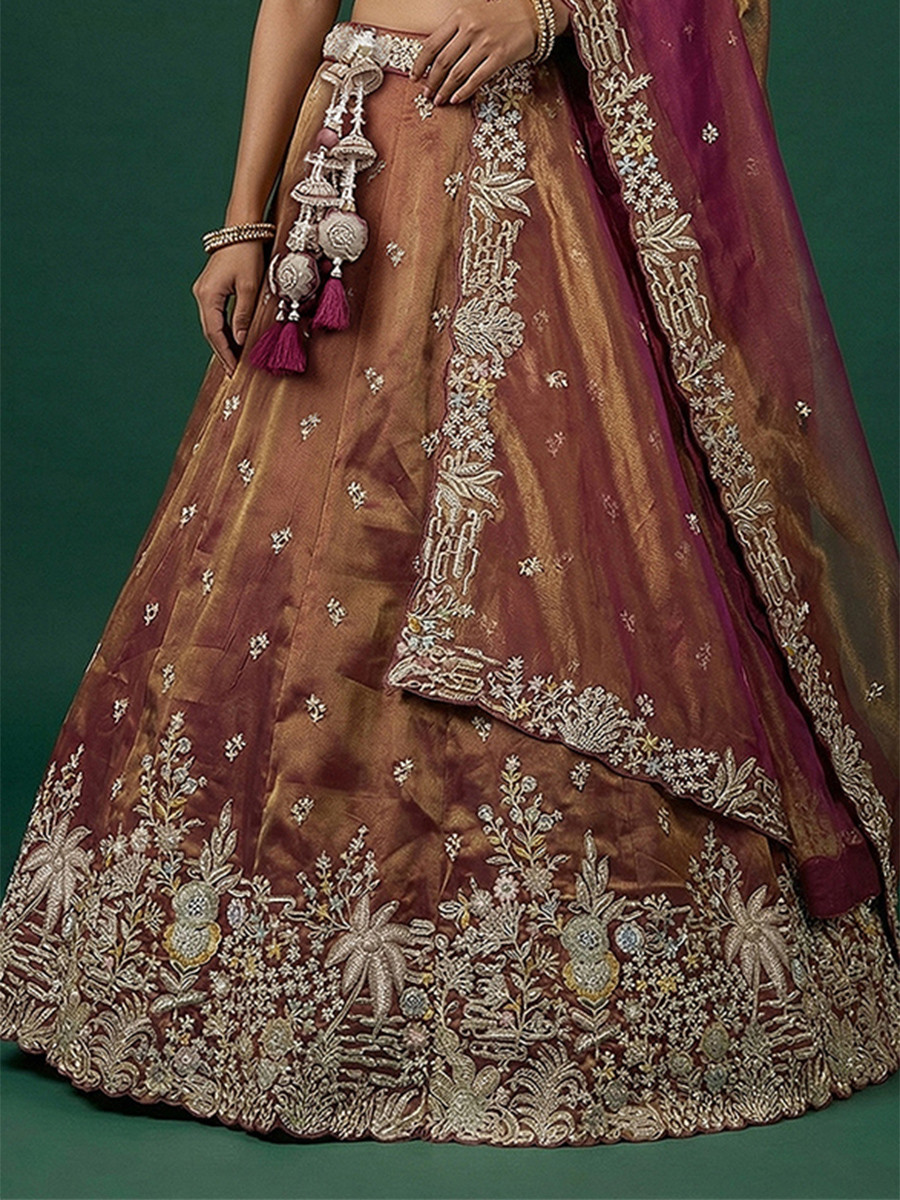 Reust Tissue Embroidery Wedding Reception Party Festival Heavy Border Lehenga Choli