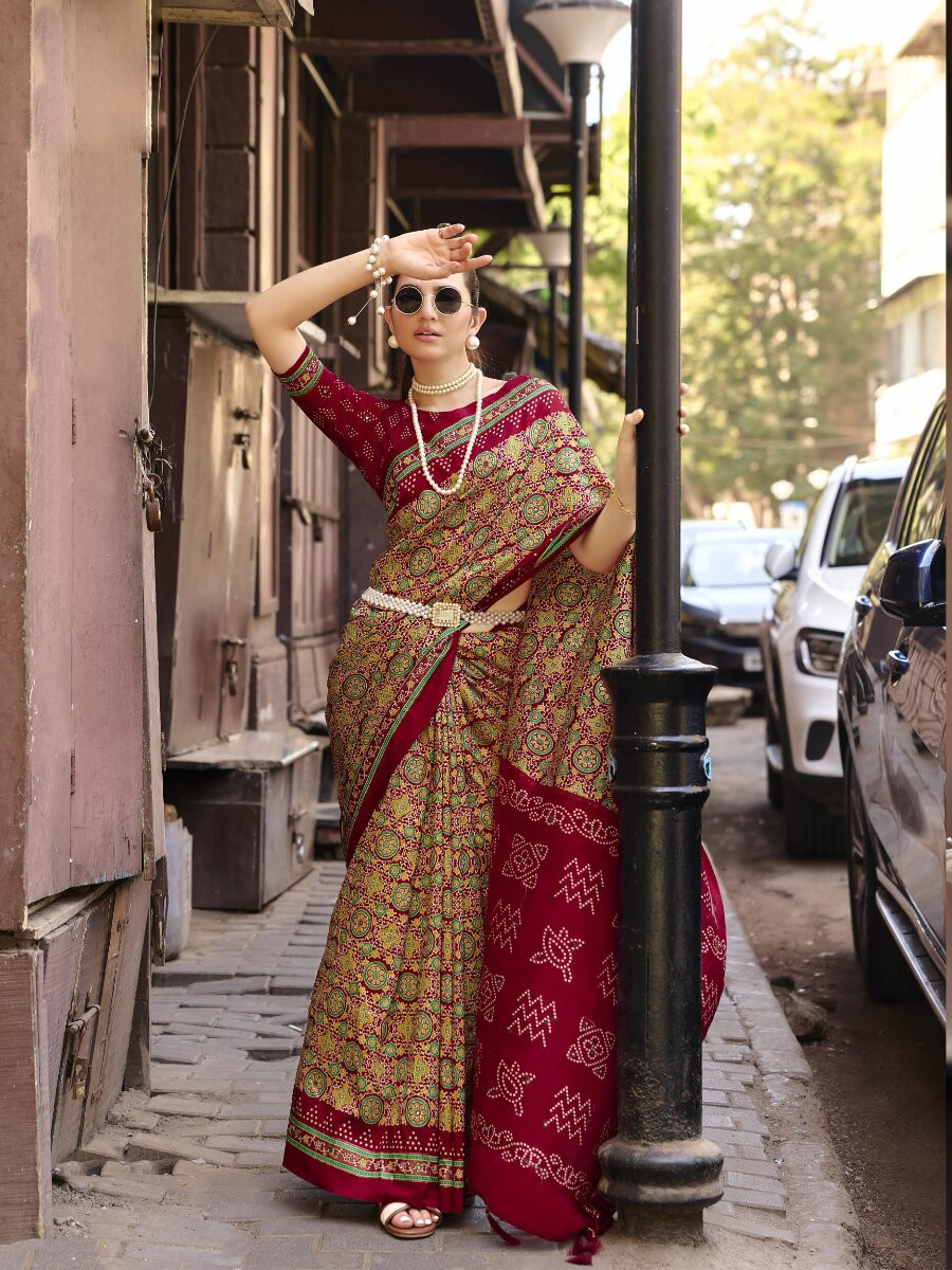 Rich Maroon Silk Printed Wedding Reception Party Festival Casual Heavy Border Sarees