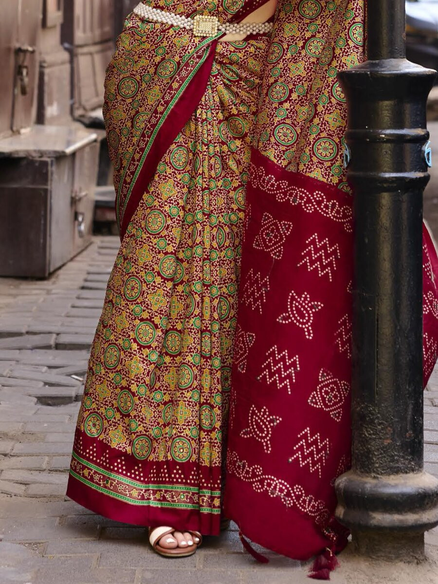 Rich Maroon Silk Printed Wedding Reception Party Festival Casual Heavy Border Sarees