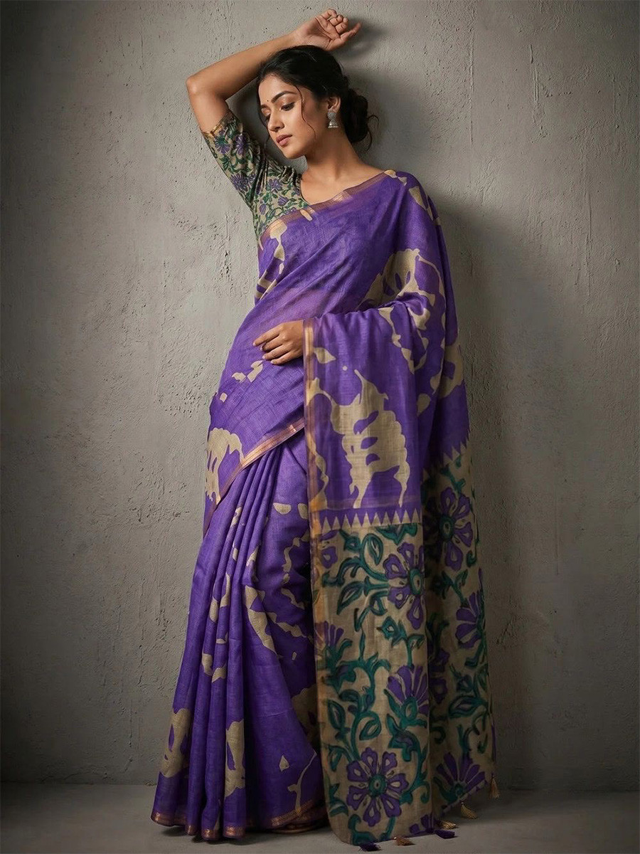 Rich Violet Soft cotton based Linen Fancy Kalamkari Print Zari border Wedding Reception Party Festival Casual Heavy Border Sarees