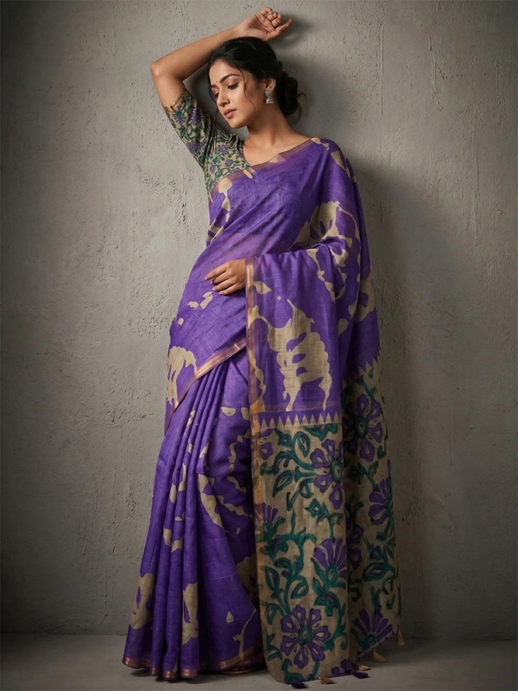 Image of Rich Violet Soft cotton based Linen Fancy Kalamkari Print Zari border Wedding Reception Party Festival Casual Heavy Border Sarees