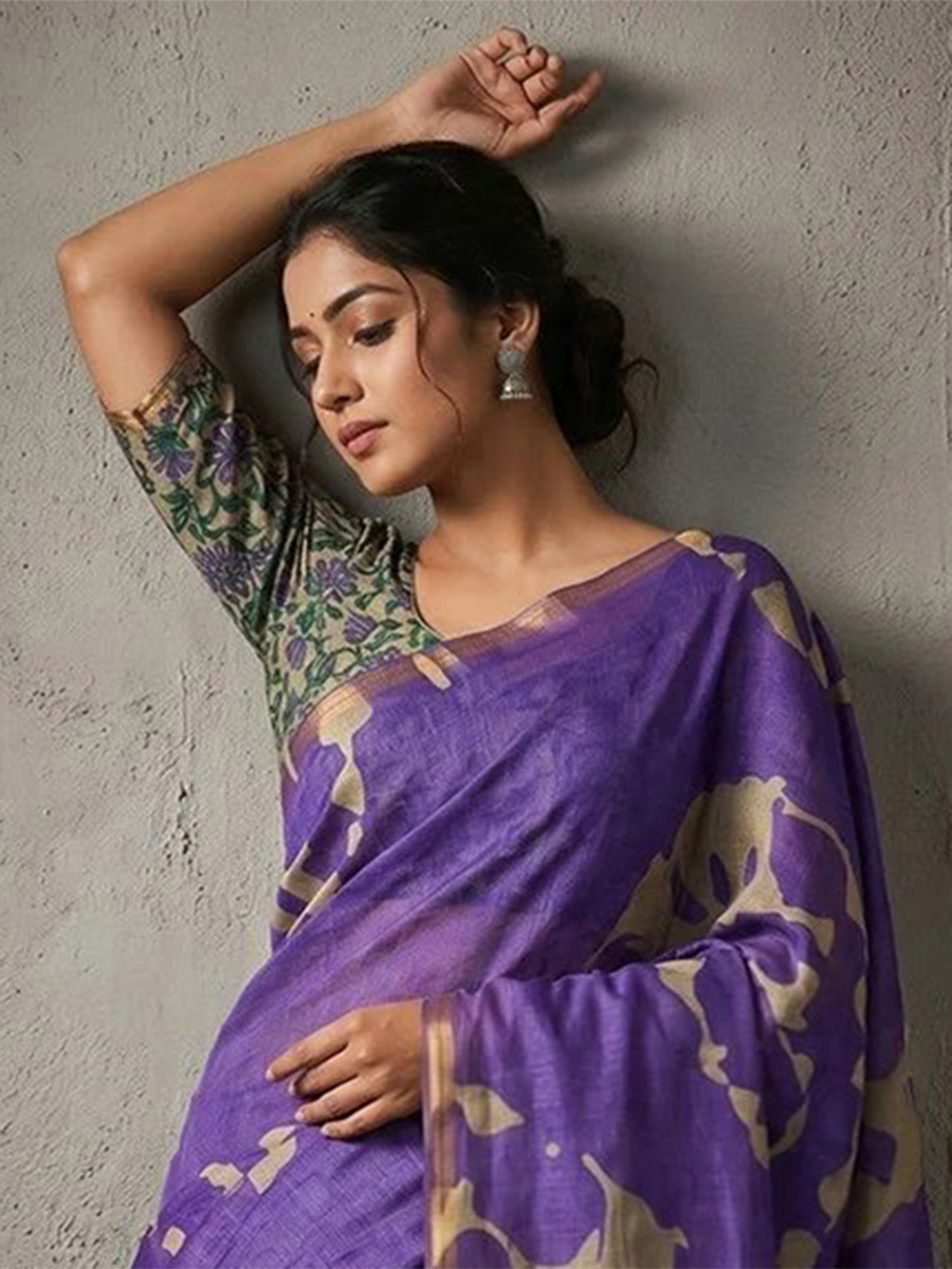 Rich Violet Soft cotton based Linen Fancy Kalamkari Print Zari border Wedding Reception Party Festival Casual Heavy Border Sarees