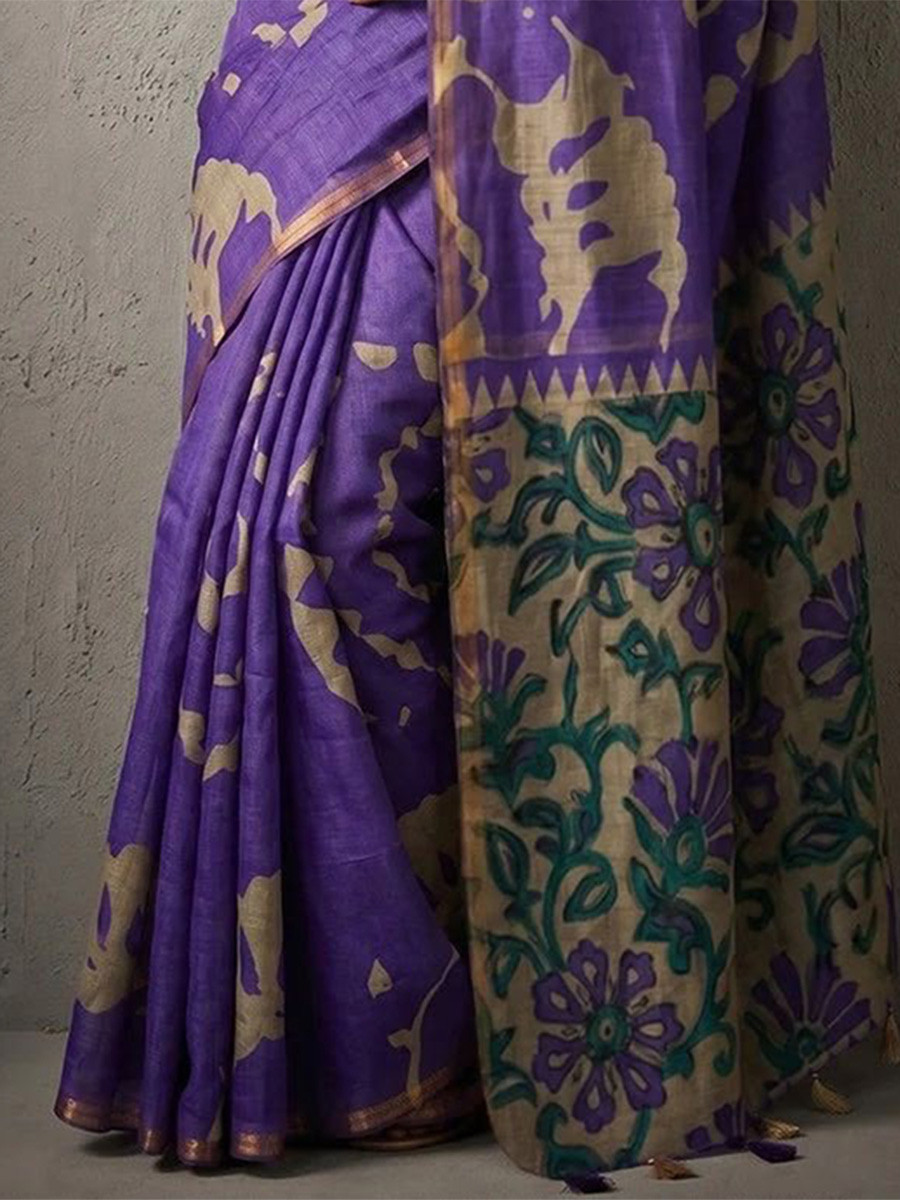 Rich Violet Soft cotton based Linen Fancy Kalamkari Print Zari border Wedding Reception Party Festival Casual Heavy Border Sarees