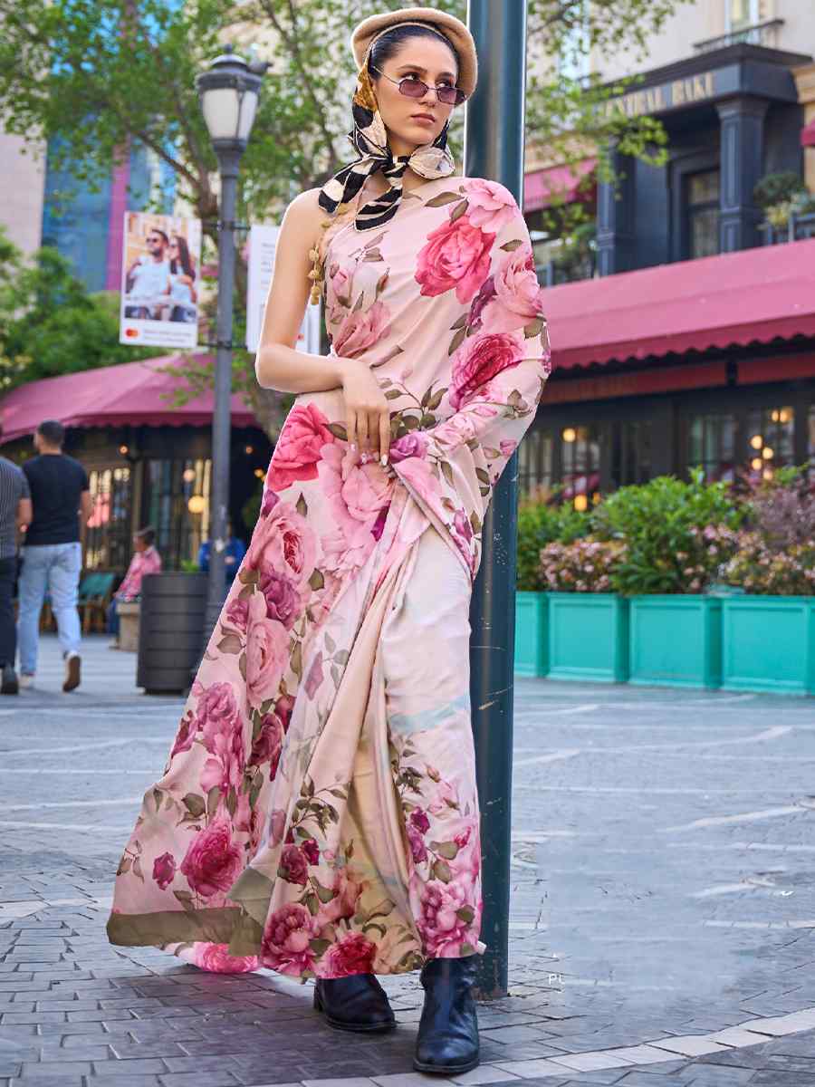 Roman Pink Pure Crepe Silk Printed Casual Festival Contemporary Saree