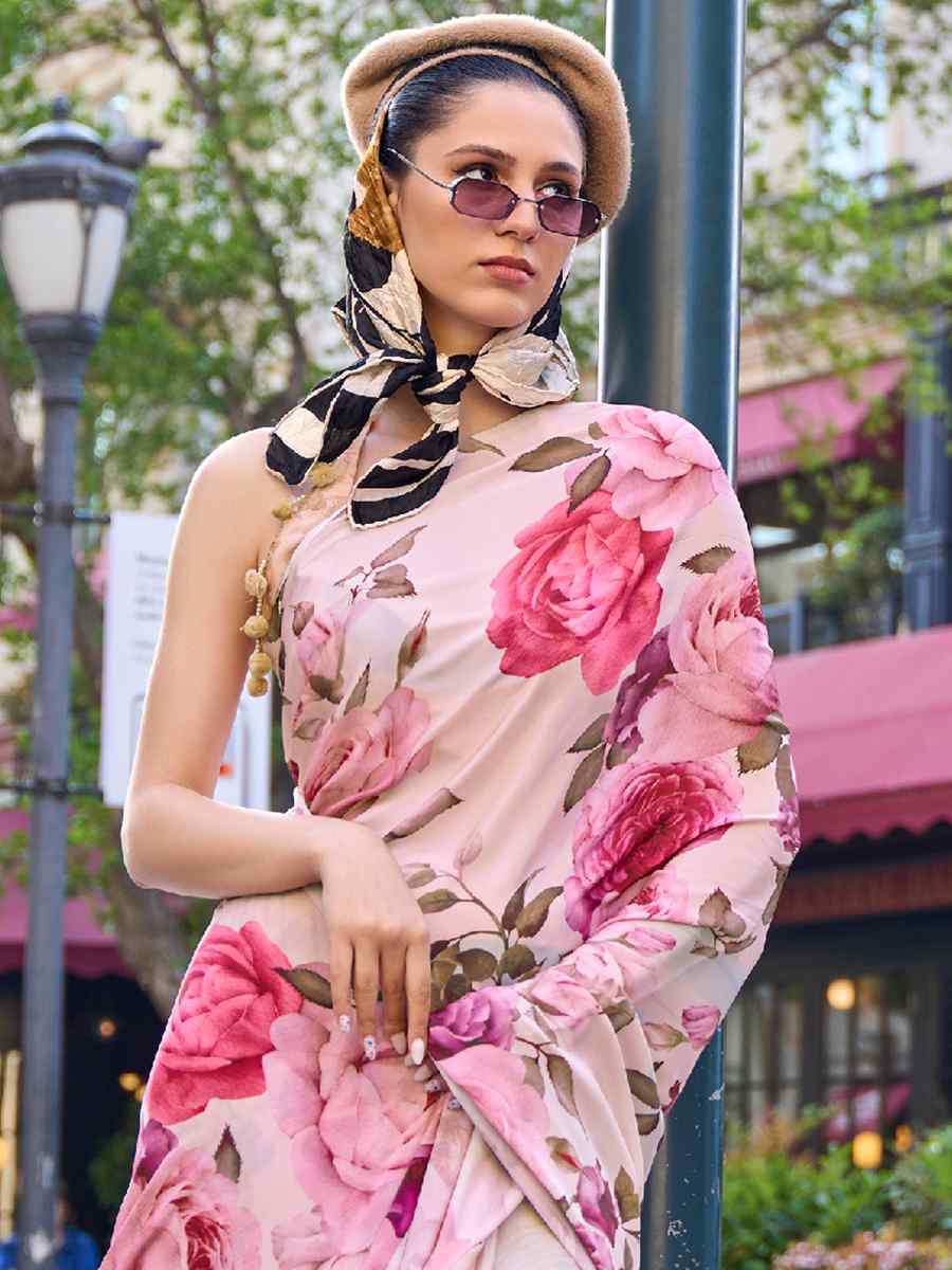 Roman Pink Pure Crepe Silk Printed Casual Festival Contemporary Saree