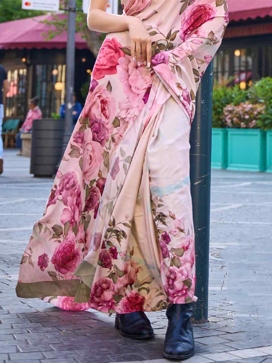 Roman Pink Pure Crepe Silk Printed Casual Festival Contemporary Saree