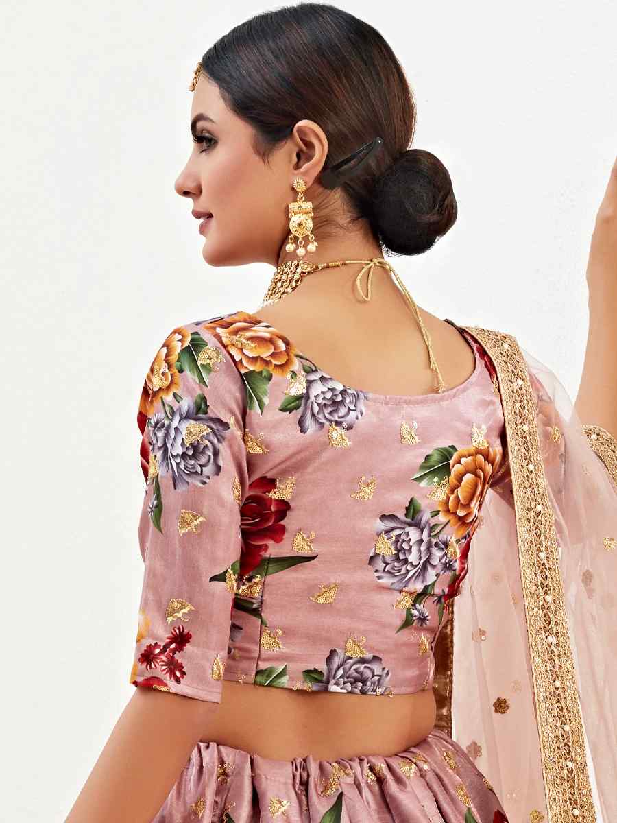 Rose Brown Banglori Satin Embroidered Festival Wedding Heavy Border Lehenga Choli