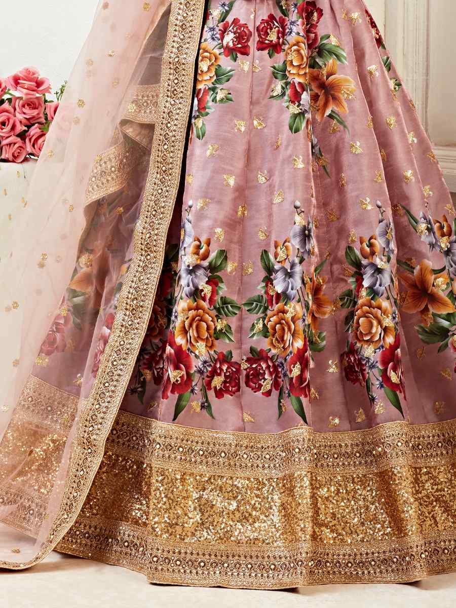 Rose Brown Banglori Satin Embroidered Festival Wedding Heavy Border Lehenga Choli