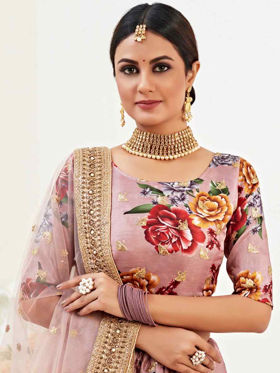 Rose Brown Banglori Satin Embroidered Festival Wedding Heavy Border Lehenga Choli
