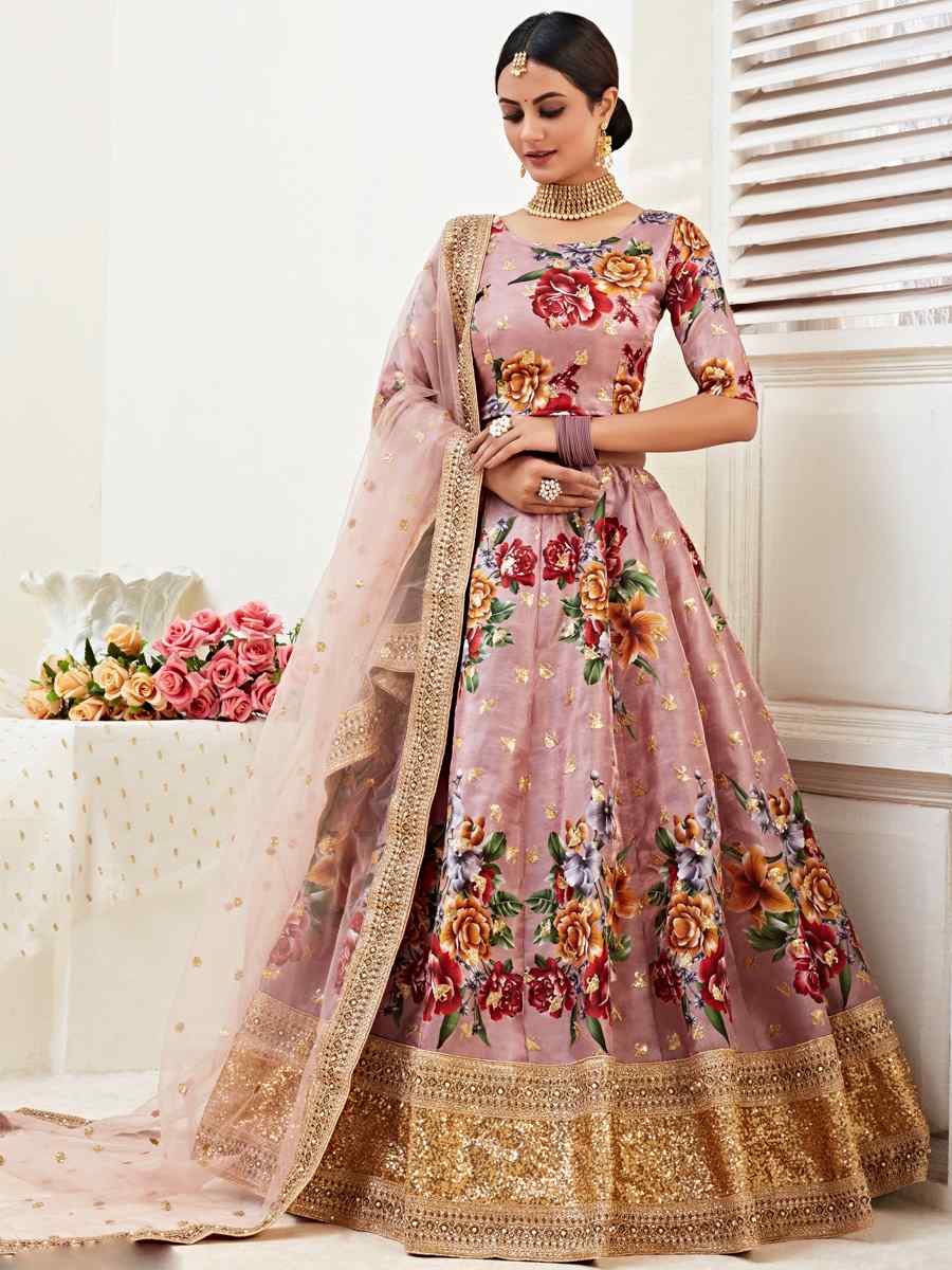 Rose Brown Banglori Satin Embroidered Festival Wedding Heavy Border Lehenga Choli