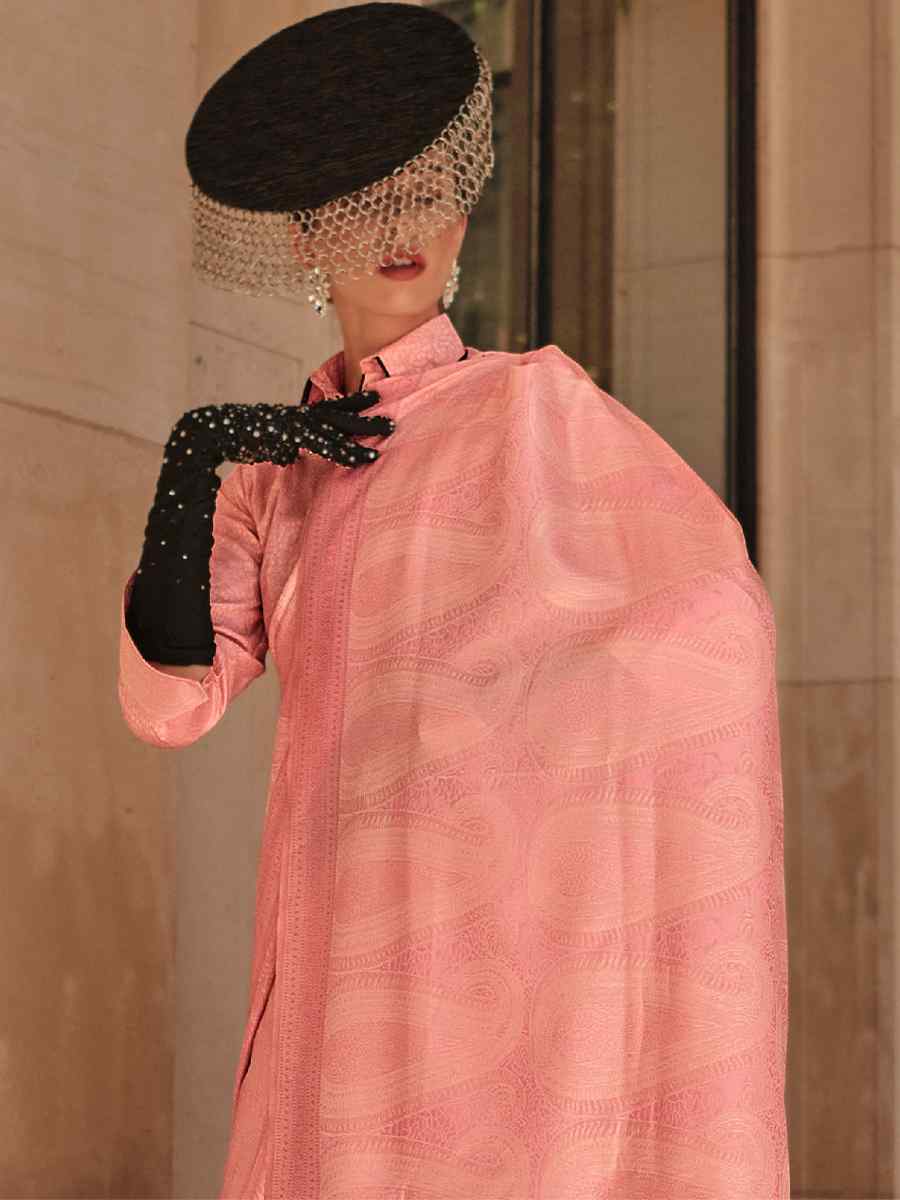 Rose Bud Pink Satin Silk Handwoven Party Festival Classic Style Saree