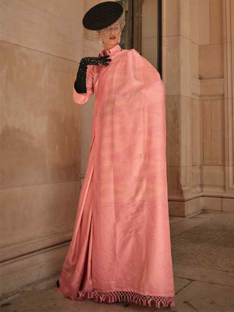 Rose Bud Pink Satin Silk Handwoven Party Festival Classic Style Saree