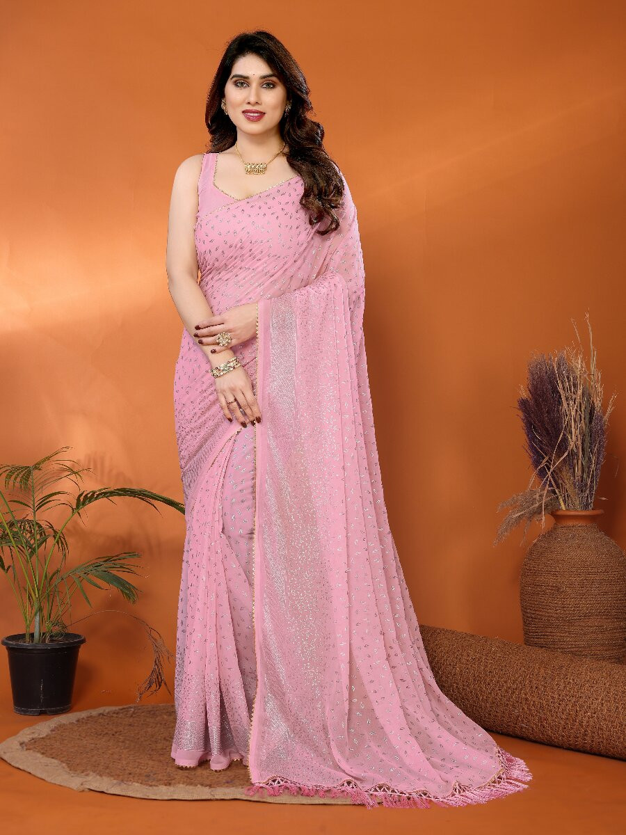 Rose Georgette Traditional Foil Work Zalar Lace Wedding Reception Party Festival Heavy Border Sarees