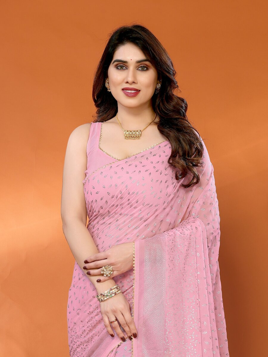 Rose Georgette Traditional Foil Work Zalar Lace Wedding Reception Party Festival Heavy Border Sarees