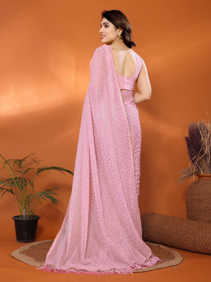 Rose Georgette Traditional Foil Work Zalar Lace Wedding Reception Party Festival Heavy Border Sarees
